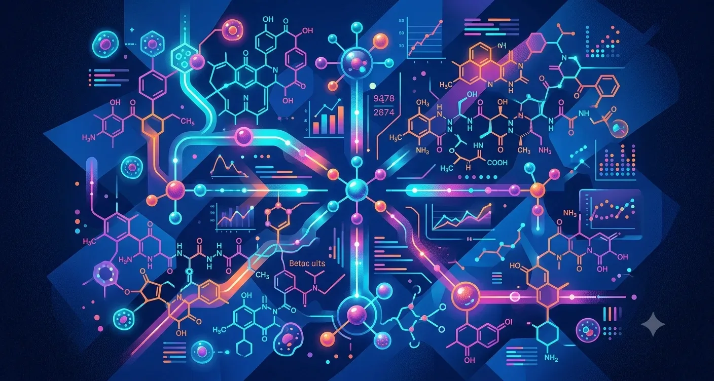 An abstract illustration of glowing molecular structures, chemical diagrams, and data charts