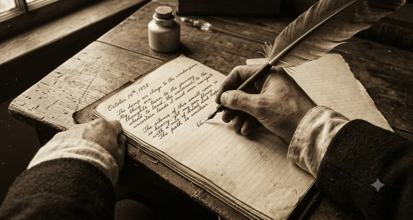 A sepia-toned close-up of a hand writing a dated journal entry with a quill pen beside an inkwell
